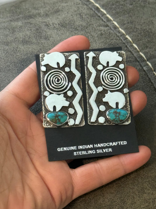 Big Rectangle Petroglyph Earrings with Oval Turquoise by Alex Sanchez, Navajo