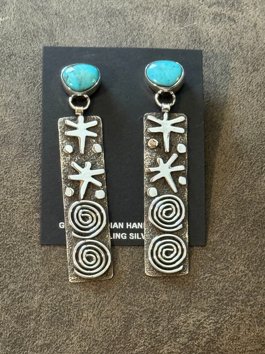 Turquoise Post with Dragonfly and Spiral Dangle Petroglyph Earrings by Alex Sanchez, Navajo