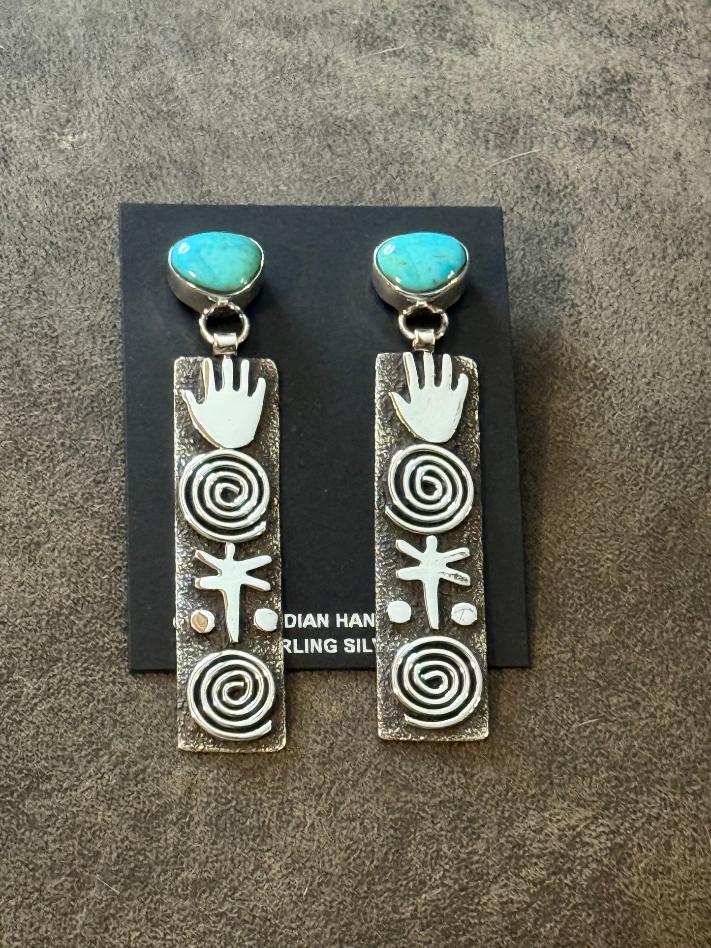 Turquoise Post with Hand, Dragonfly 0and Spiral Dangle Petroglyph Earrings by Alex Sanchez, Navajo