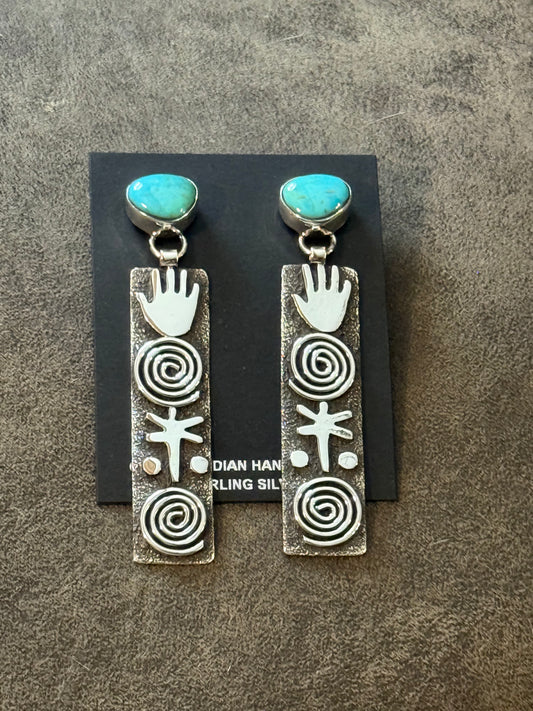 Turquoise Post with Hand, Dragonfly 0and Spiral Dangle Petroglyph Earrings by Alex Sanchez, Navajo
