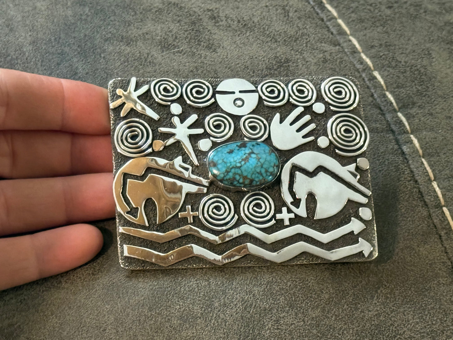 Kingman Turquoise and Petroglyph Belt Buckle by Alex Sanchez, Navajo