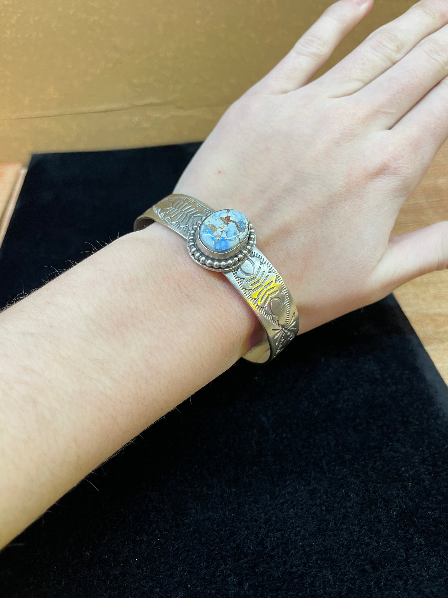 Golden Hills Turquoise Stamped Cuff Bracelet By Boyd Ashley Navajo