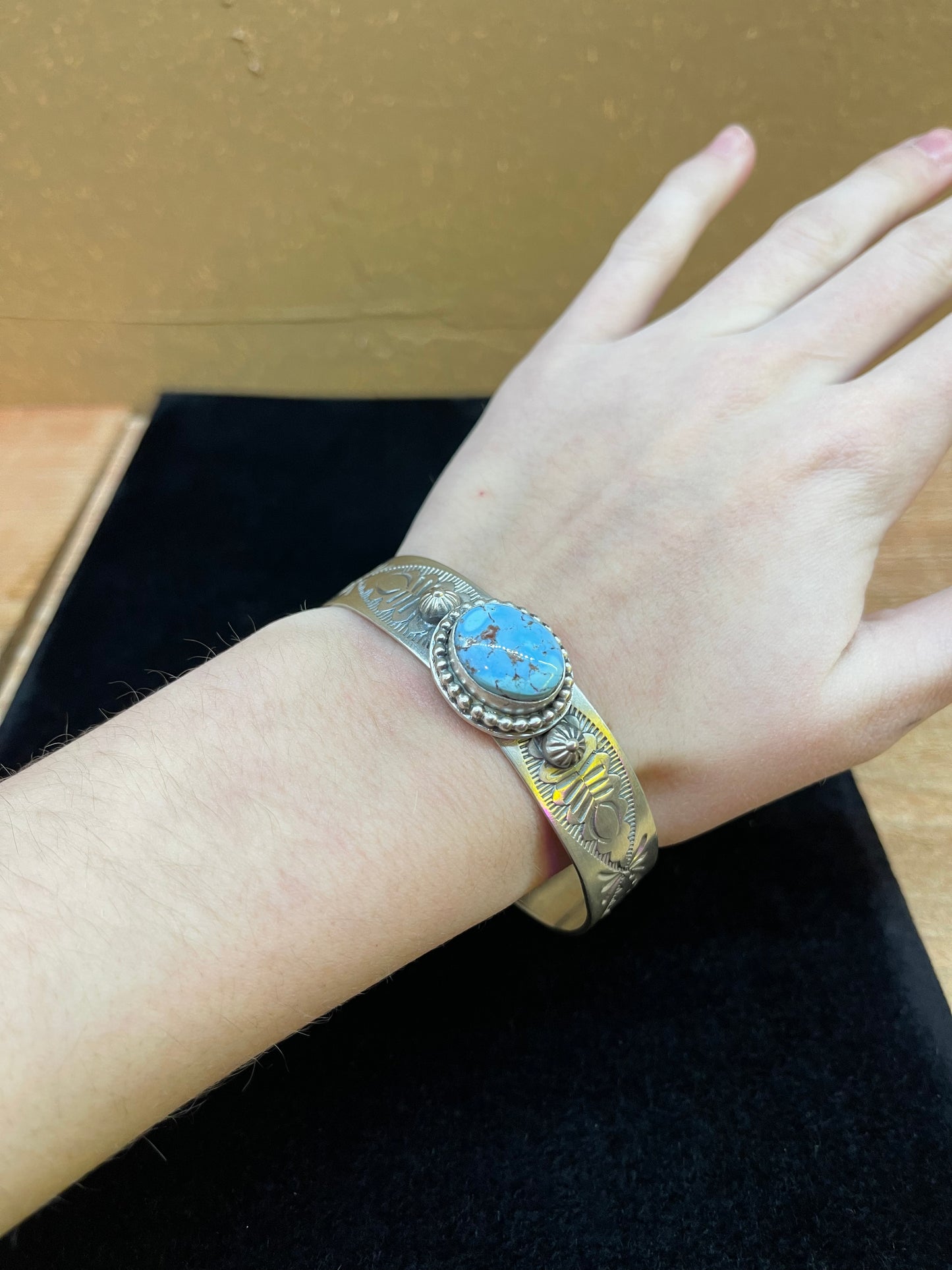 Golden Hills Turquoise Stamped Cuff Bracelet By Boyd Ashley Navajo
