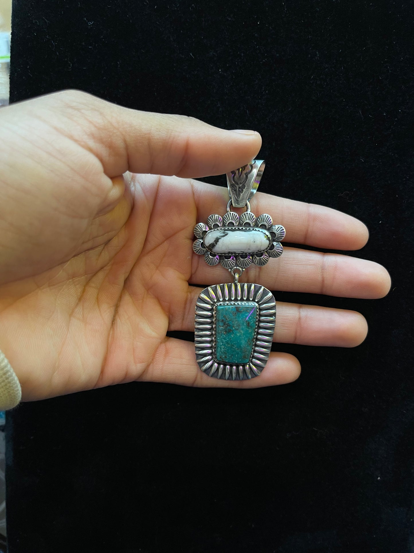 White Buffalo and turquoise dangle pendant by Zia