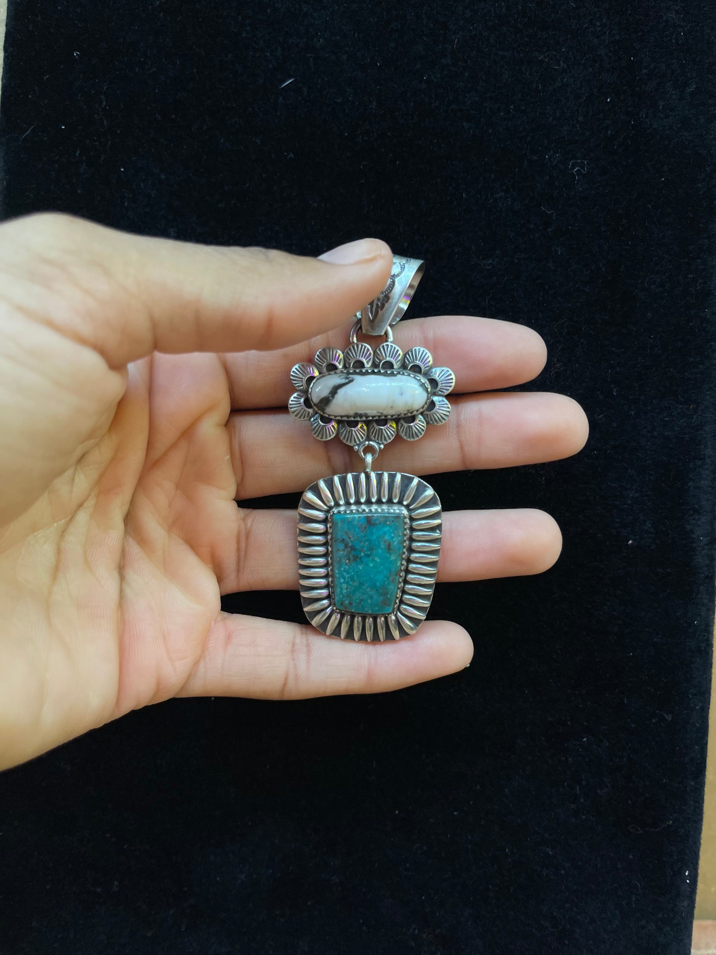 White Buffalo and turquoise dangle pendant by Zia