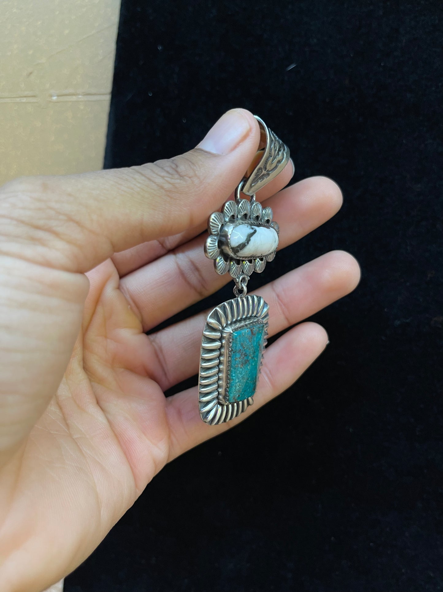 White Buffalo and turquoise dangle pendant by Zia