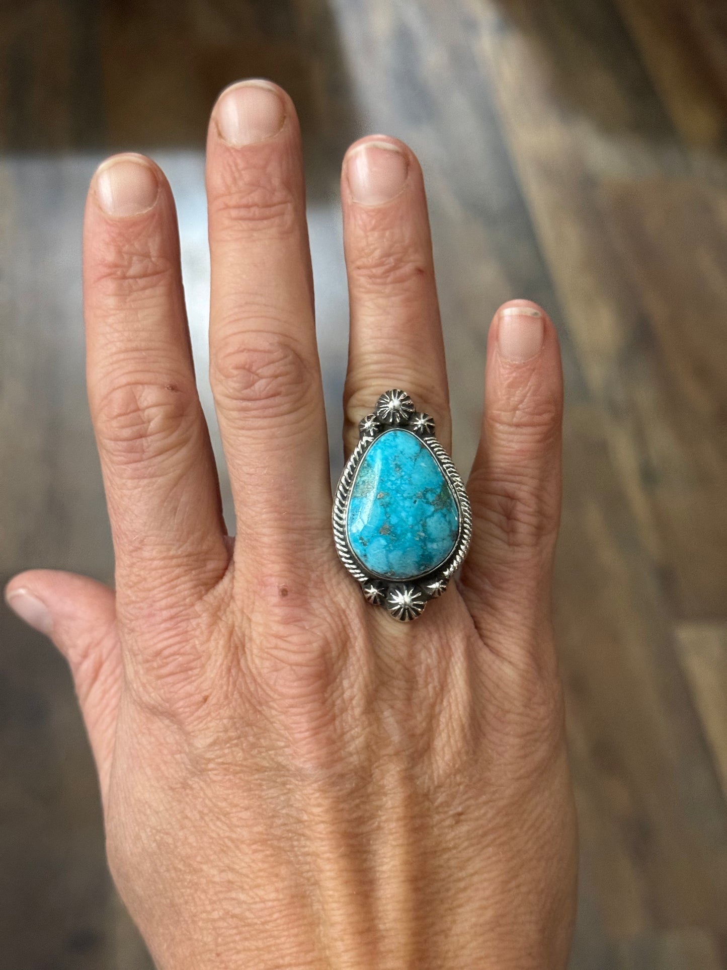 8.0 Morenci Turquoise Ring by Marie Jackson, Navajo