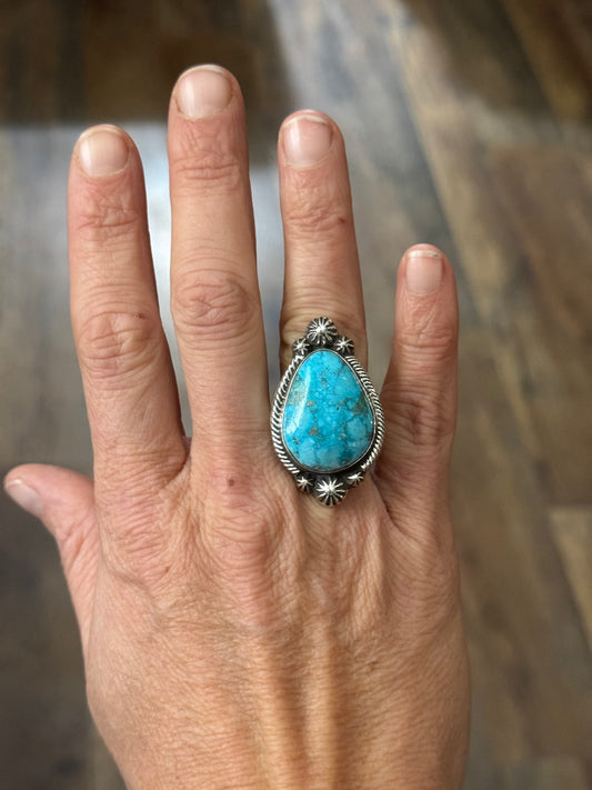8.0 Morenci Turquoise Ring by Marie Jackson, Navajo
