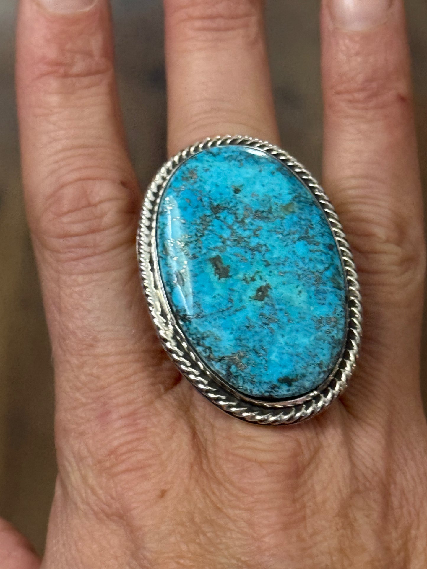 10.0 Morenci Turquoise Ring by Marie Jackson, Navajo