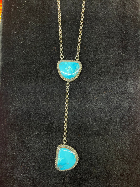 Blue Turquoise Stamped E Drop Lariat Necklace Navajo