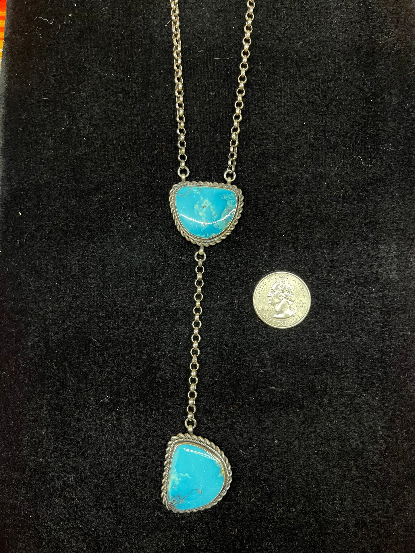 Blue Turquoise Stamped E Drop Lariat Necklace Navajo