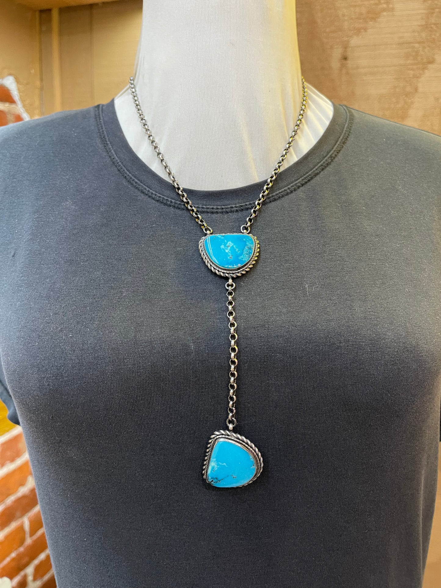 Blue Turquoise Stamped E Drop Lariat Necklace Navajo