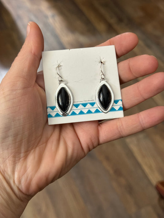Black Onyx Cat Eye Shape Earrings by Marie Jackson, Navajo