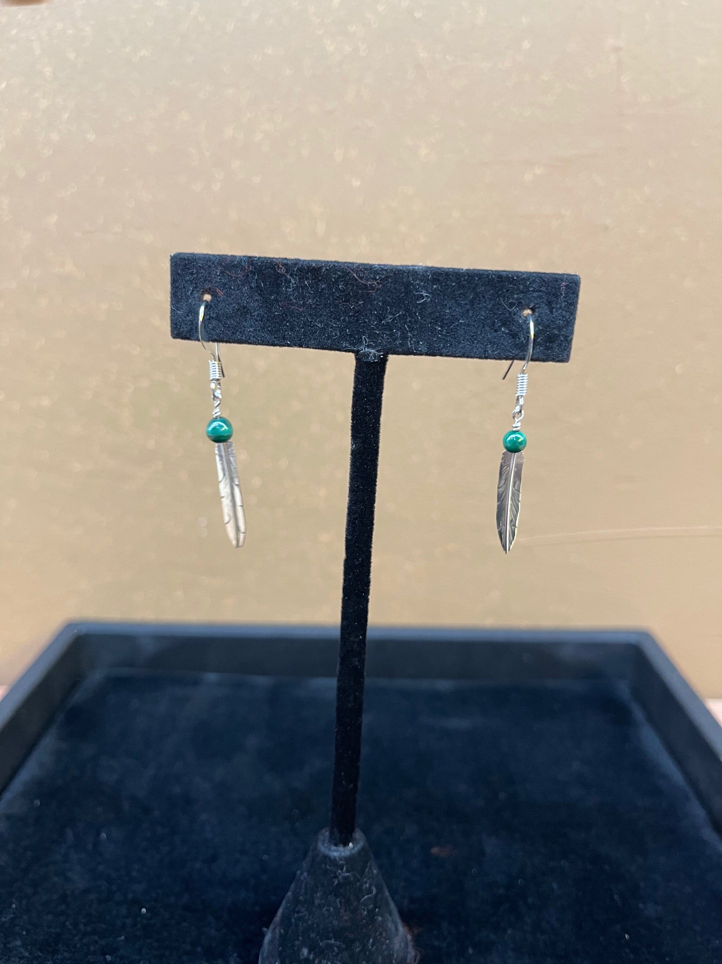 4.5 mm Malachite Ball on Silver Feather Dangle Earrings