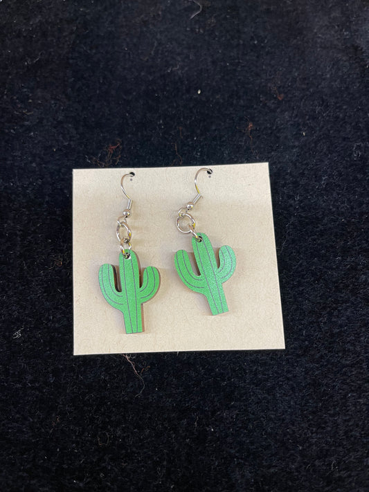 Wood Cut Cactus Dangle Earrings