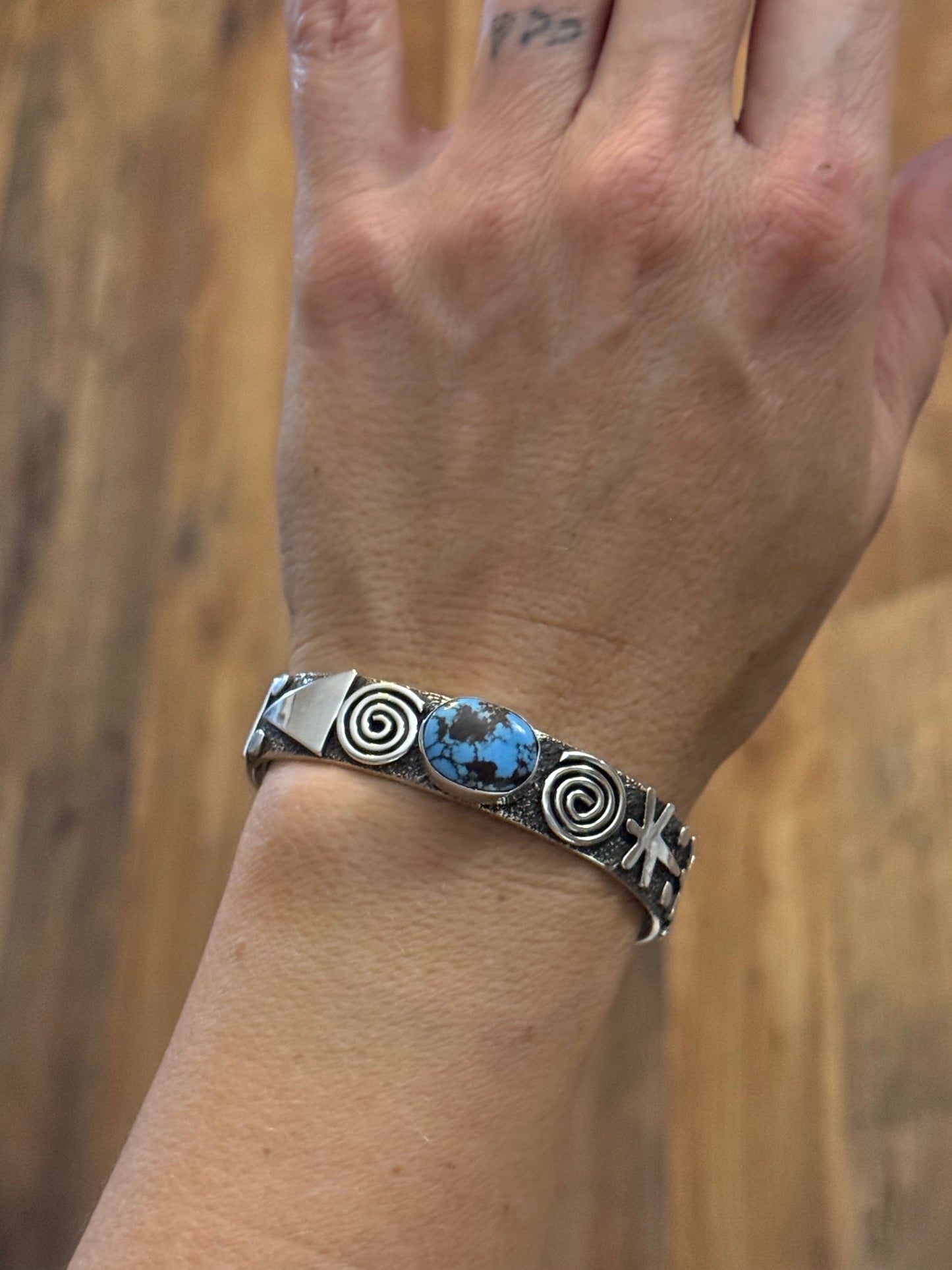 Petroglyph Cuff with Blue Kingman Web Turquoise by Alex Sanchez, Navajo (narrow) (Copy)