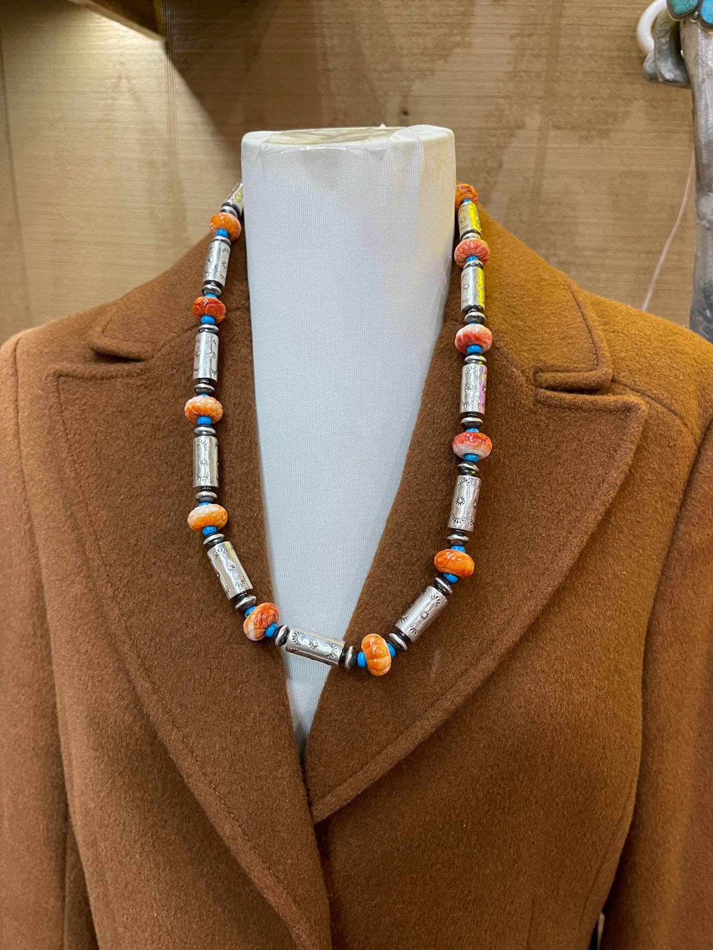 Hand Carved Spiny Oyster & Navajo Pearl 26" Necklace