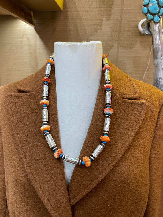 Hand Carved Spiny Oyster & Navajo Pearl 26" Necklace