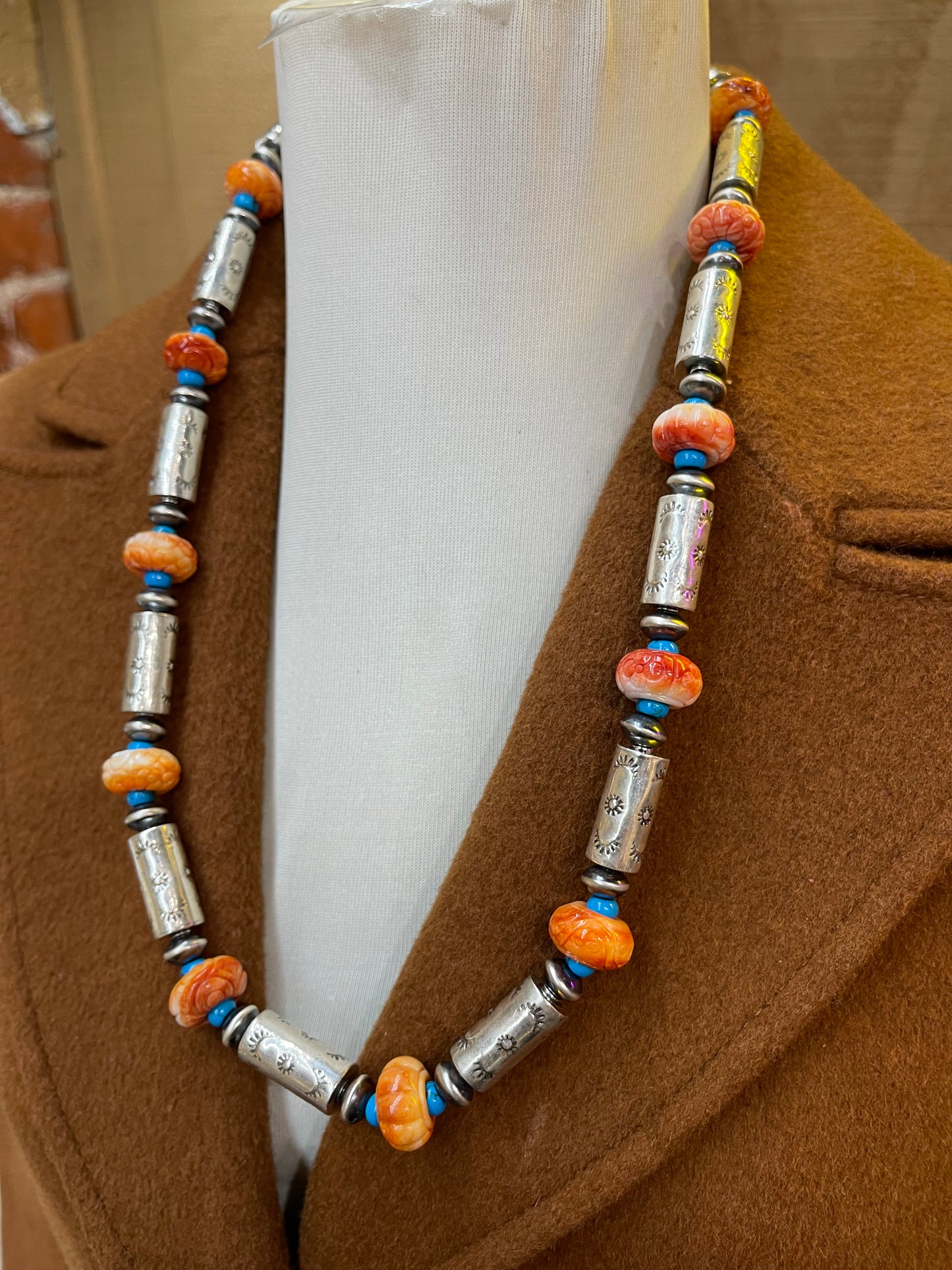 Hand Carved Spiny Oyster & Navajo Pearl 26" Necklace