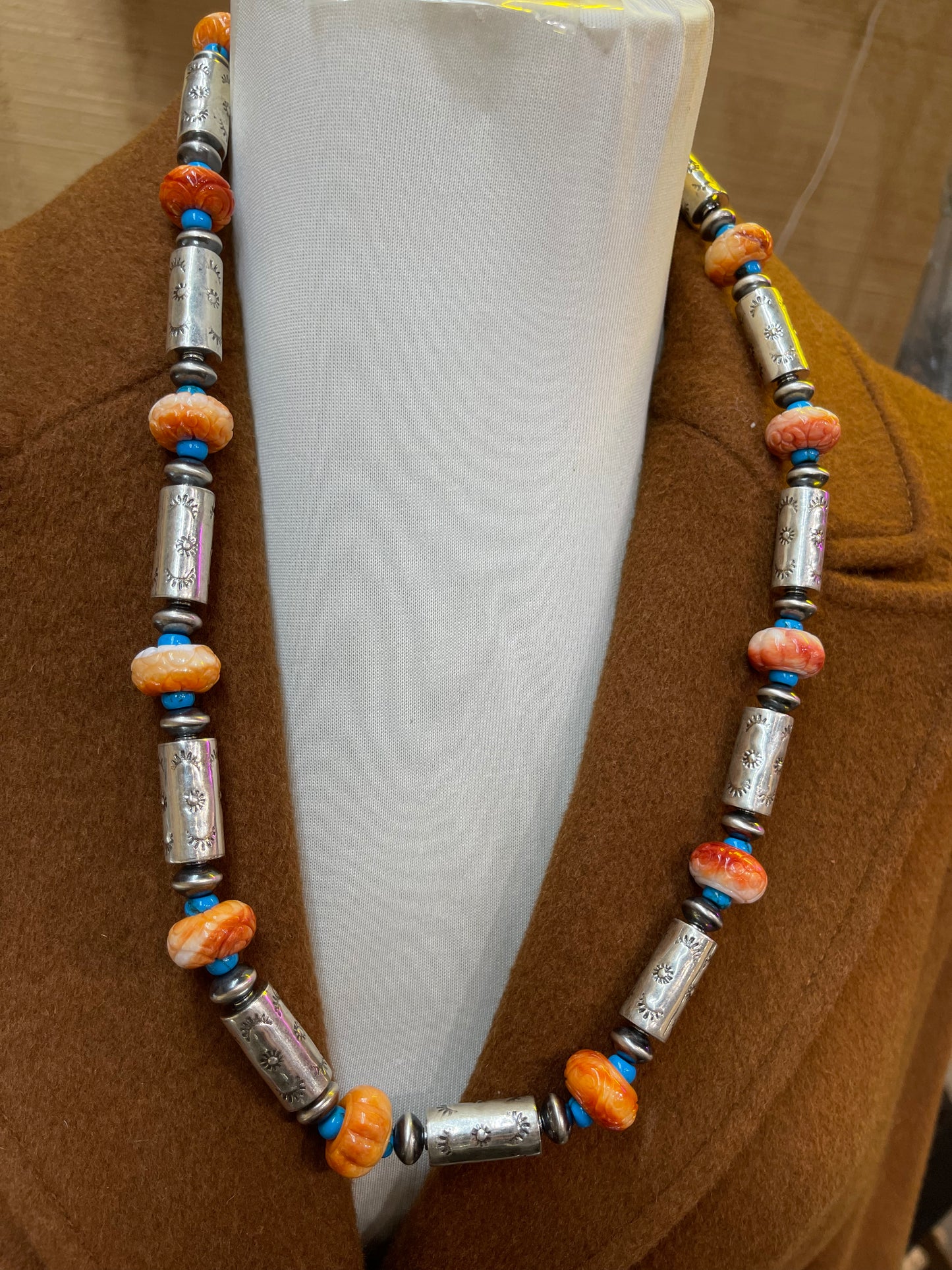 Hand Carved Spiny Oyster & Navajo Pearl 26" Necklace