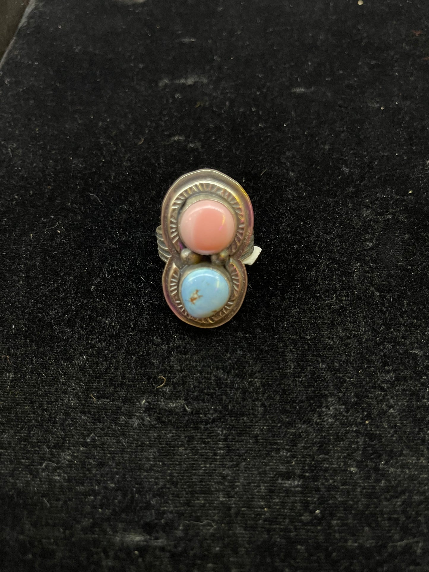 Pink Conch Shell & Golden Hills Turquoise by Boyd Ashley, Navajo (size 12)