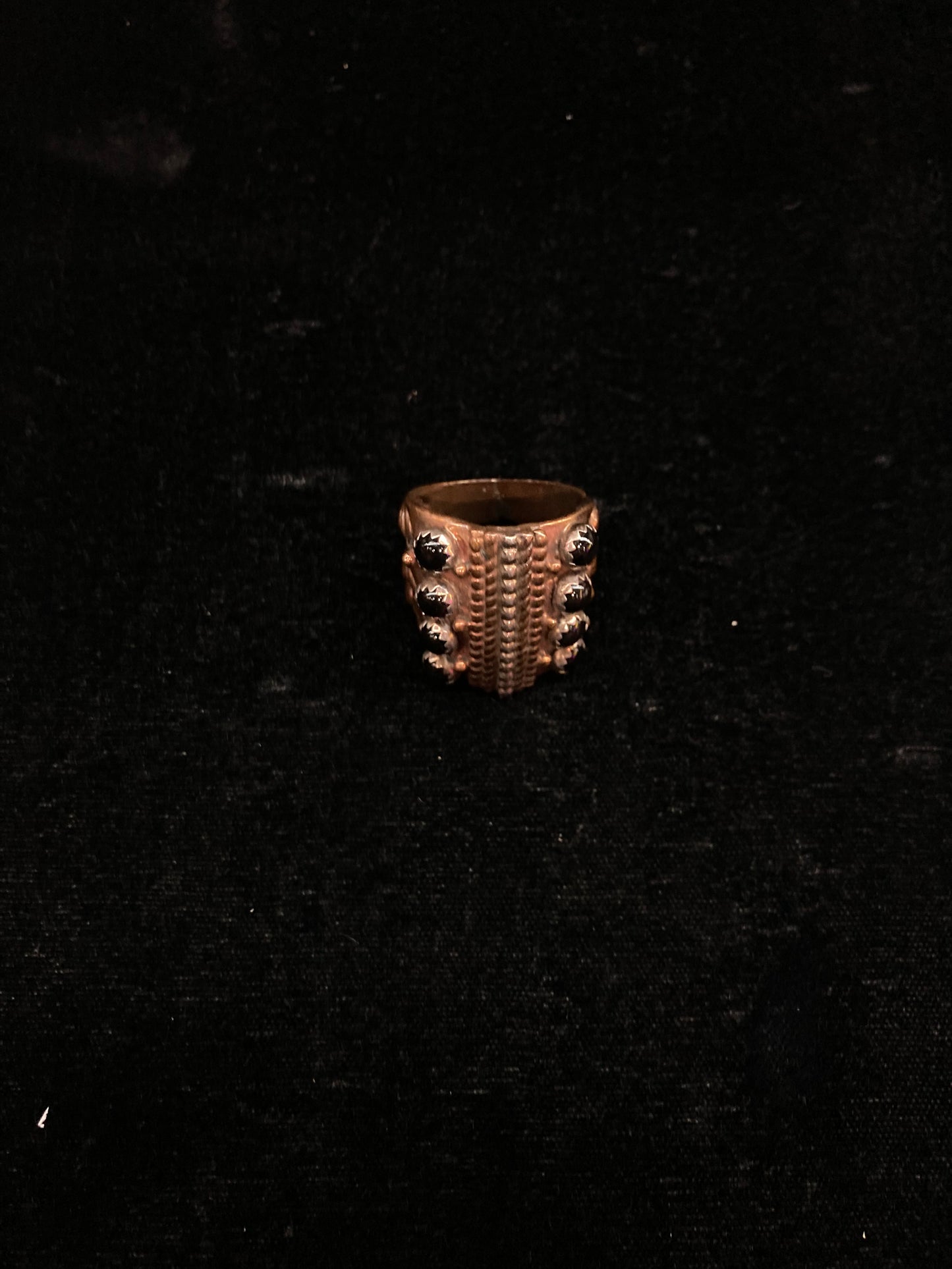 9.5 Black Onyx and Copper Ring By Running Bear, Navajo made