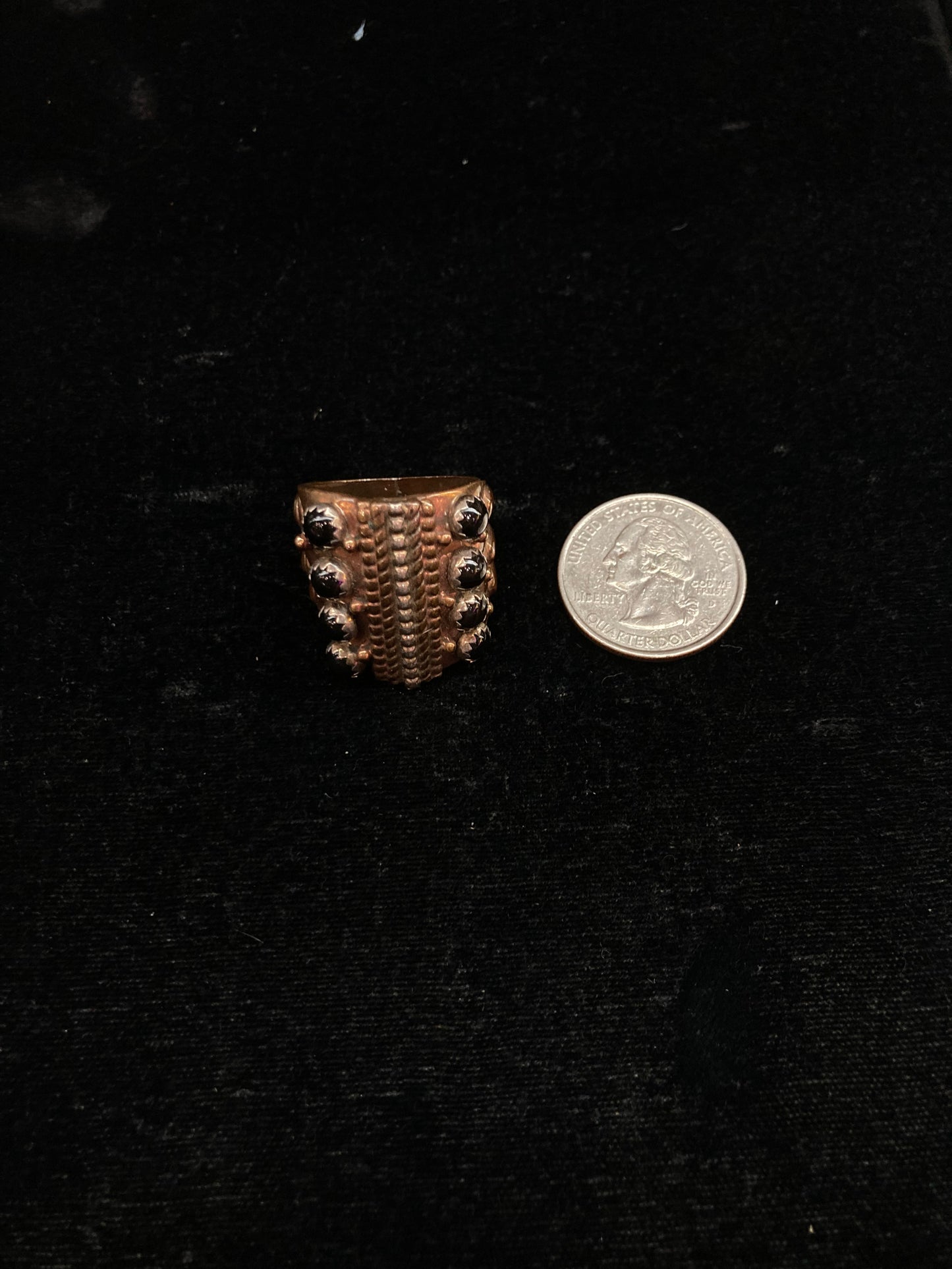 9.5 Black Onyx and Copper Ring By Running Bear, Navajo made
