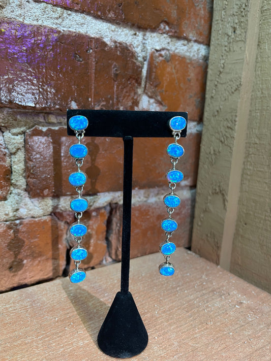 Blue Opal 7 Stone Dangle Earrings