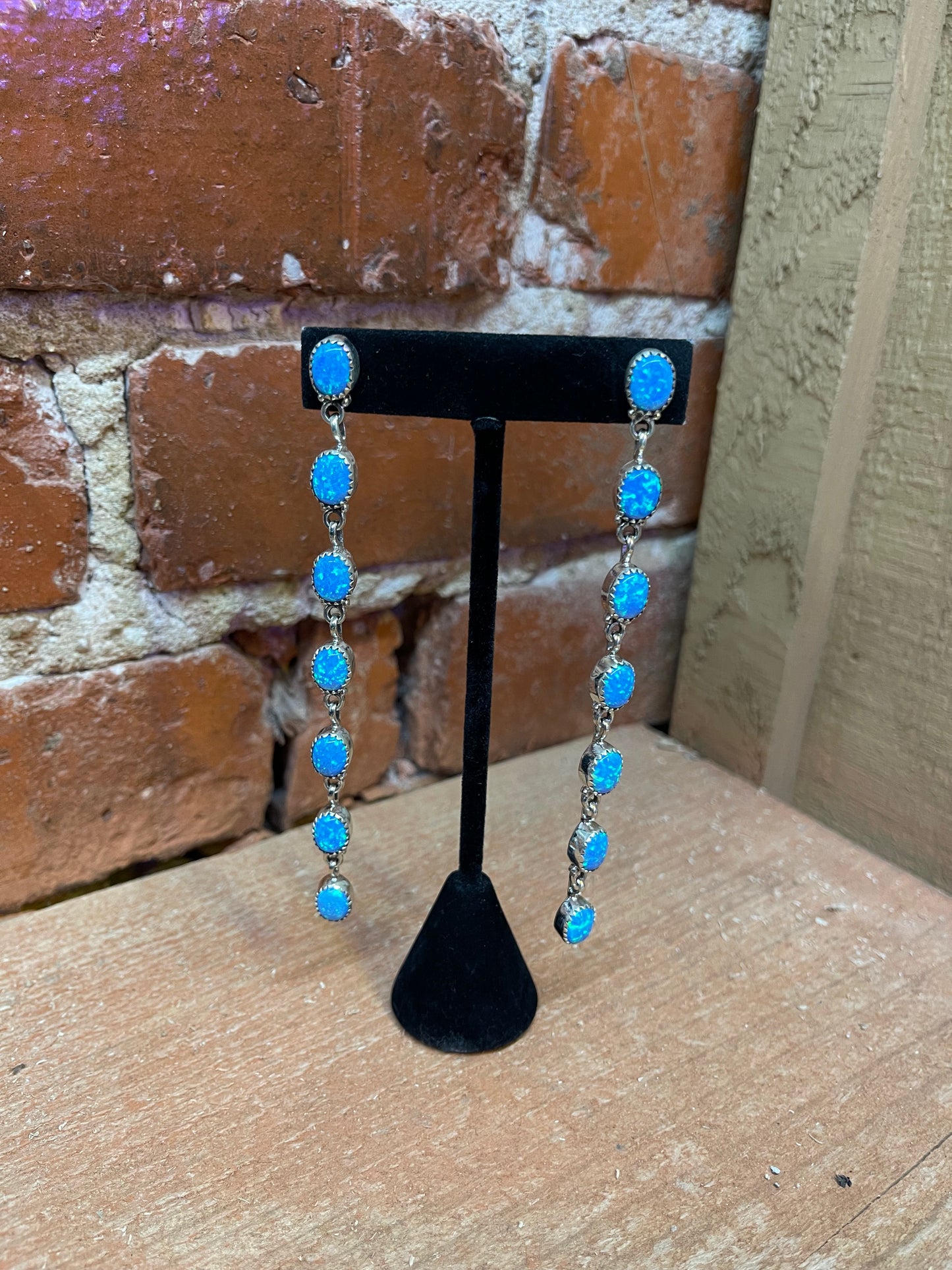 Blue Opal 7 Stone Dangle Earrings (sawtooth bezel)