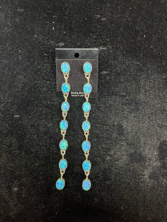 Blue Opal 7 Stone Dangle Earrings (sawtooth bezel)