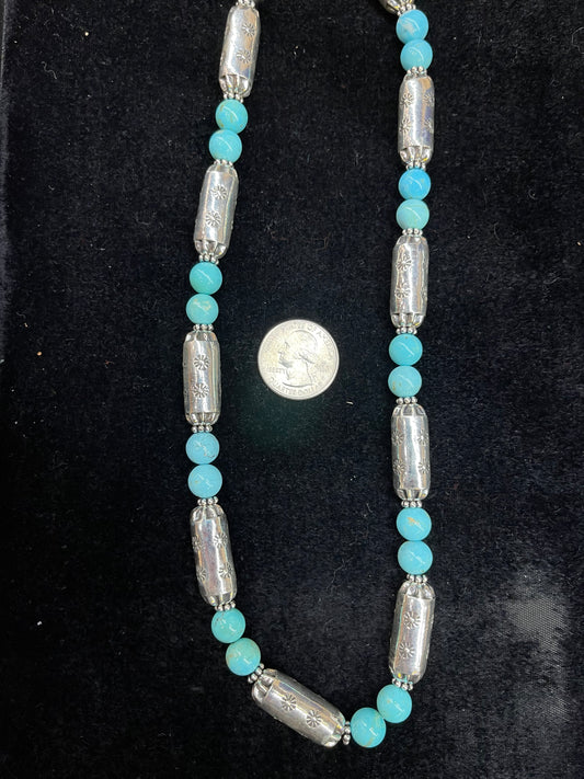 21" Sleeping Beauty Turquoise Necklace with Stamped Barrel Beads