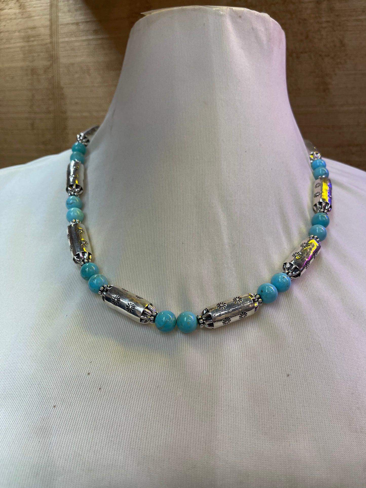 21" Sleeping Beauty Turquoise Necklace with Stamped Barrel Beads