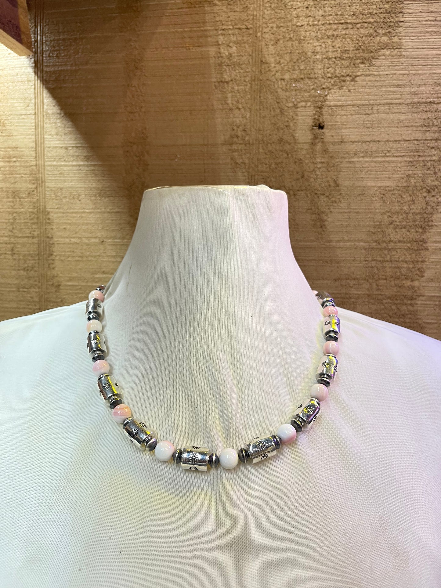 22” Silver Barrel Beads w/ stamping 10mm Pink Conch