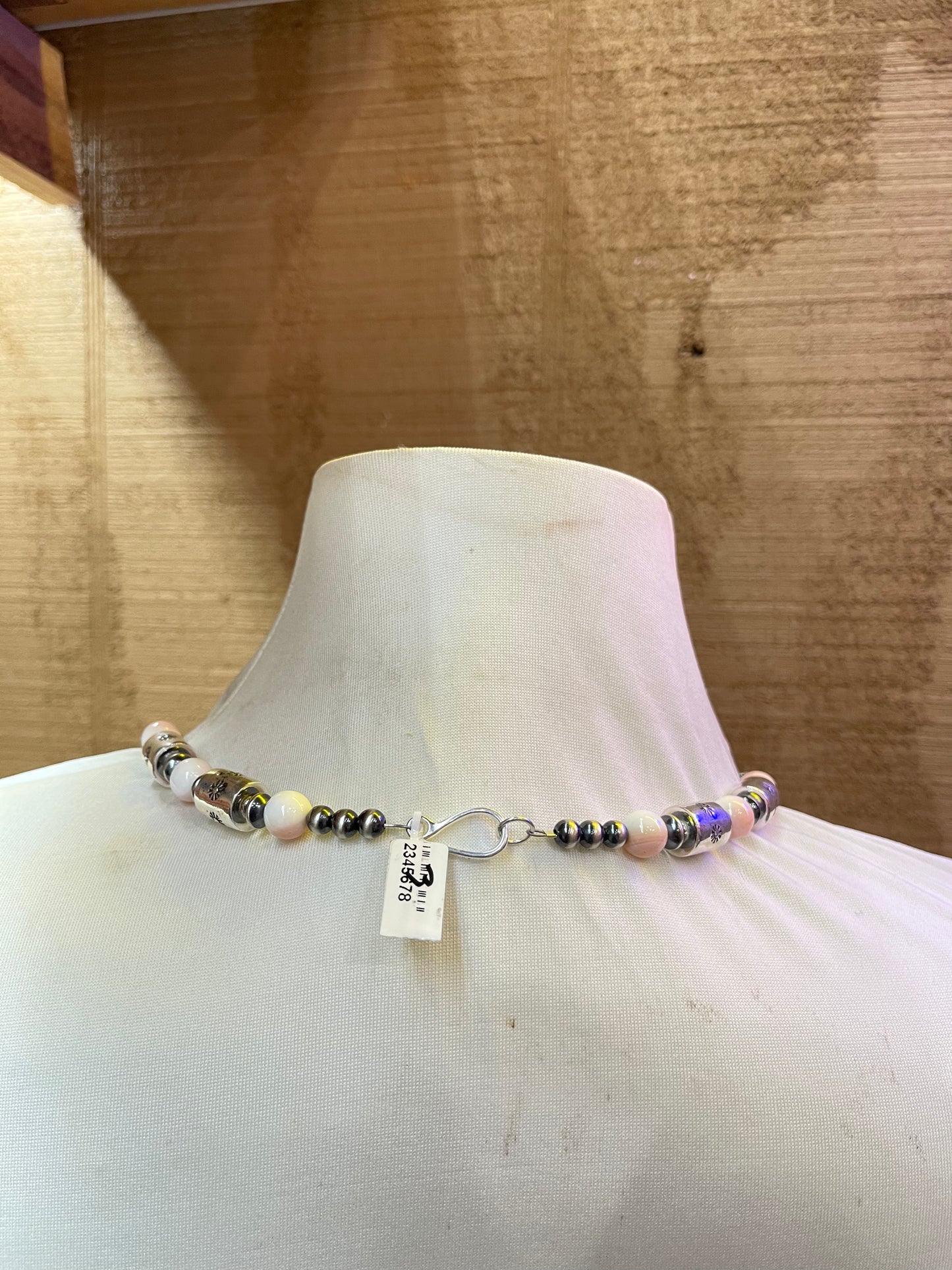 22” Silver Barrel Beads w/ stamping 10mm Pink Conch