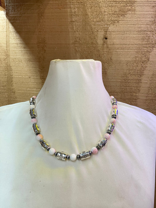 22” Silver Barrel Beads w/ stamping 10mm Pink Conch