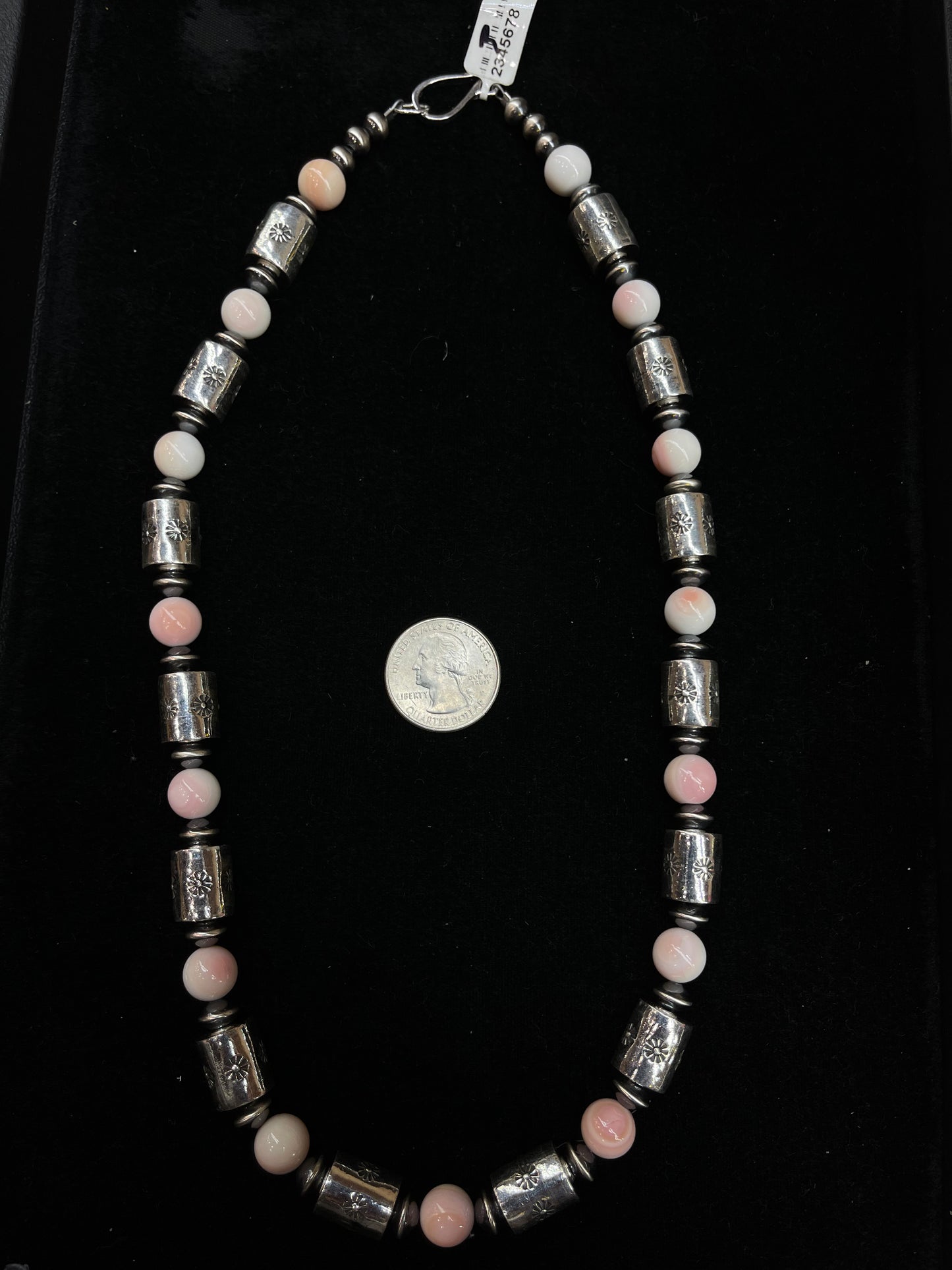 22” Silver Barrel Beads w/ stamping 10mm Pink Conch