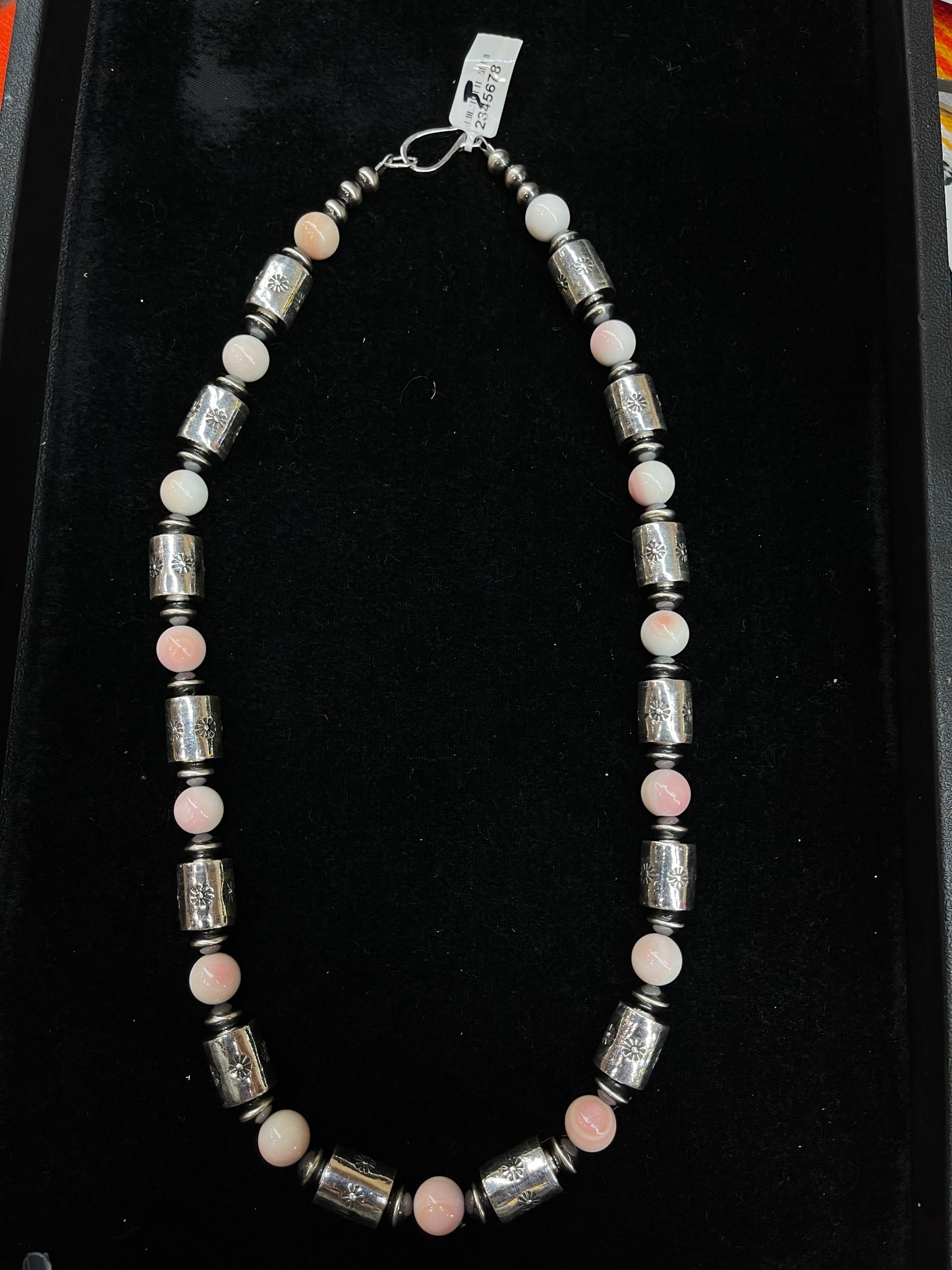 22” Silver Barrel Beads w/ stamping 10mm Pink Conch