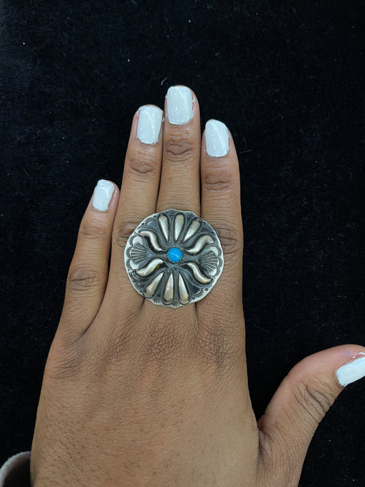 9.0 Concho Turquoise Ring by L. Tahe, Navajo