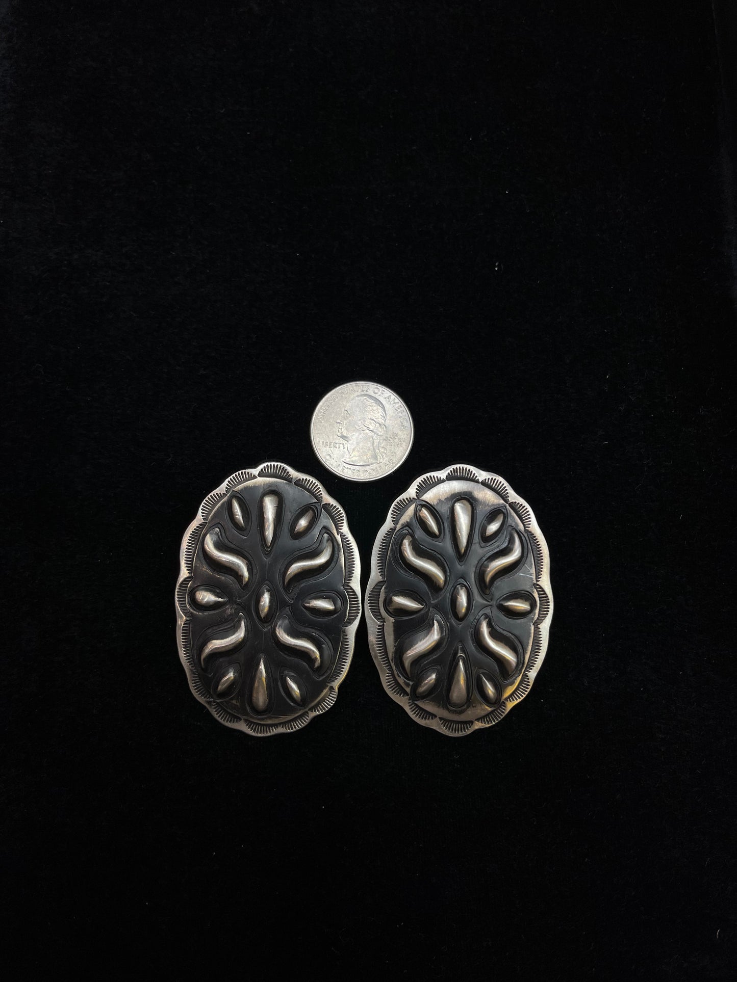 Big Concho Stamped Earrings by Leander Tahe, Navajo