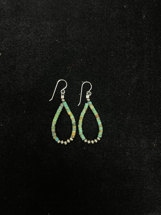 Turquoise Heishi Bead Teardrop Hoop Earrings with 3mm Silver Beads