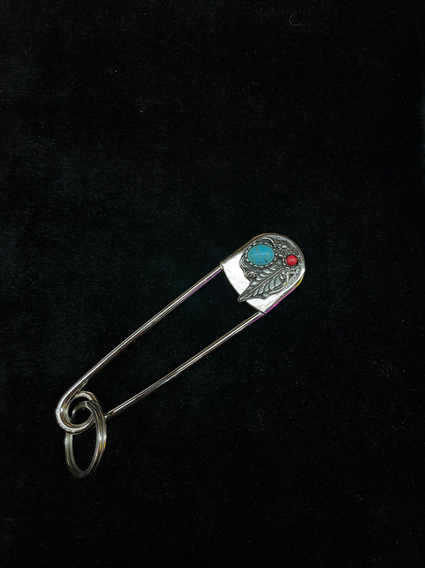 Large Turquoise & Coral Safety Pin Keychain