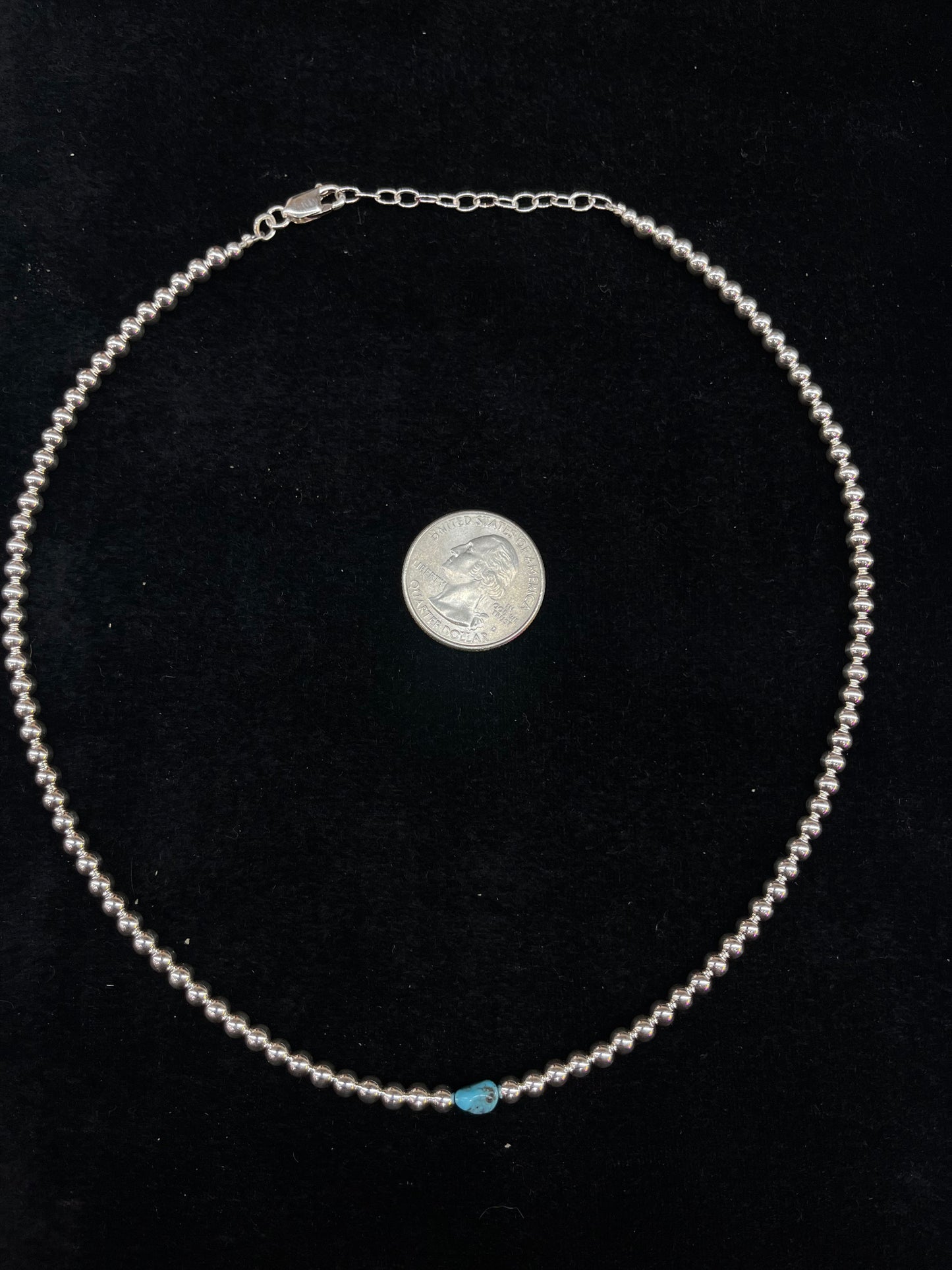 4mm Sliver beads & Natural Turquoise Necklace 16”+2” extender