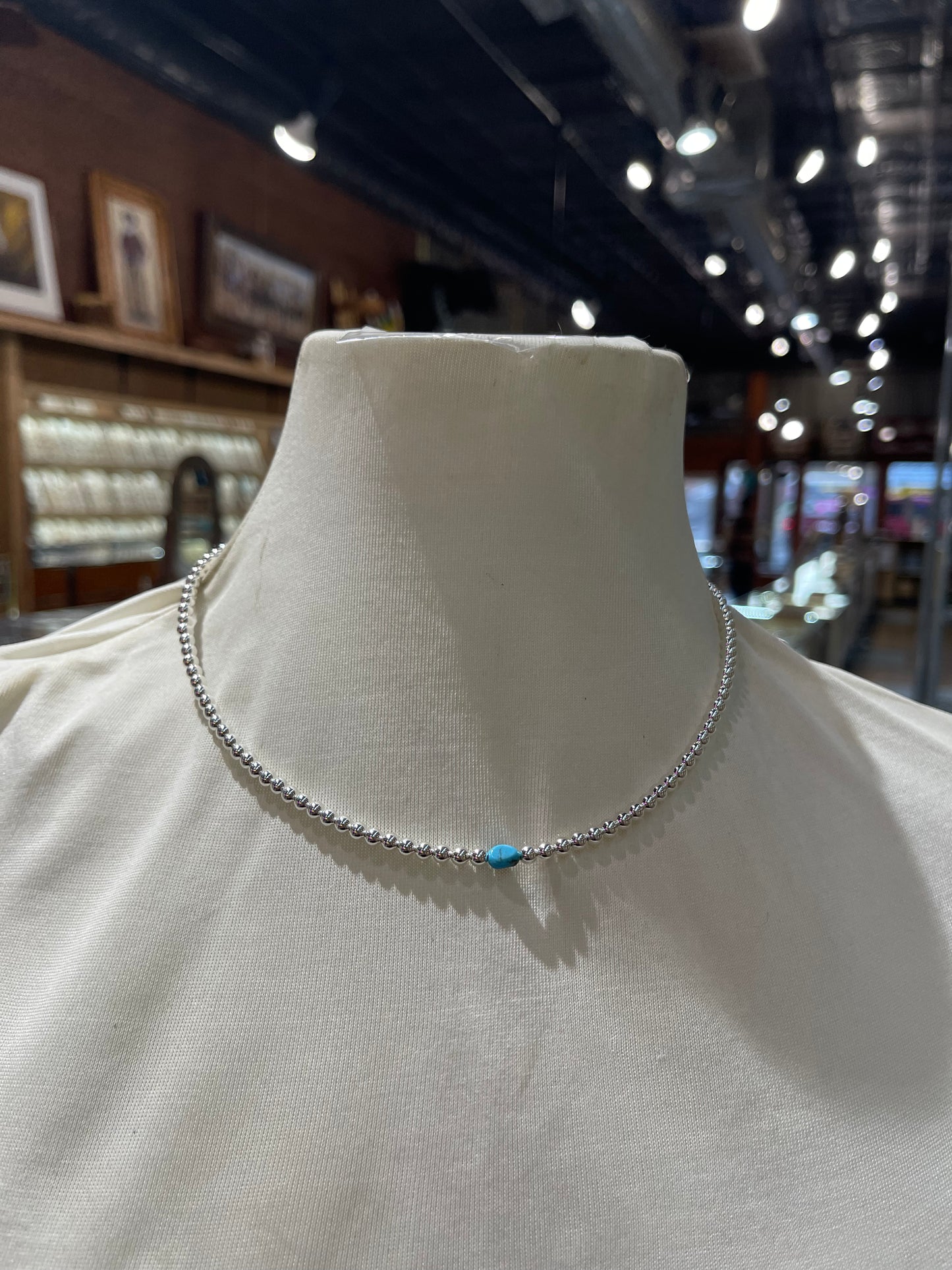 4mm Sliver beads & Natural Turquoise Necklace 16”+2” extender