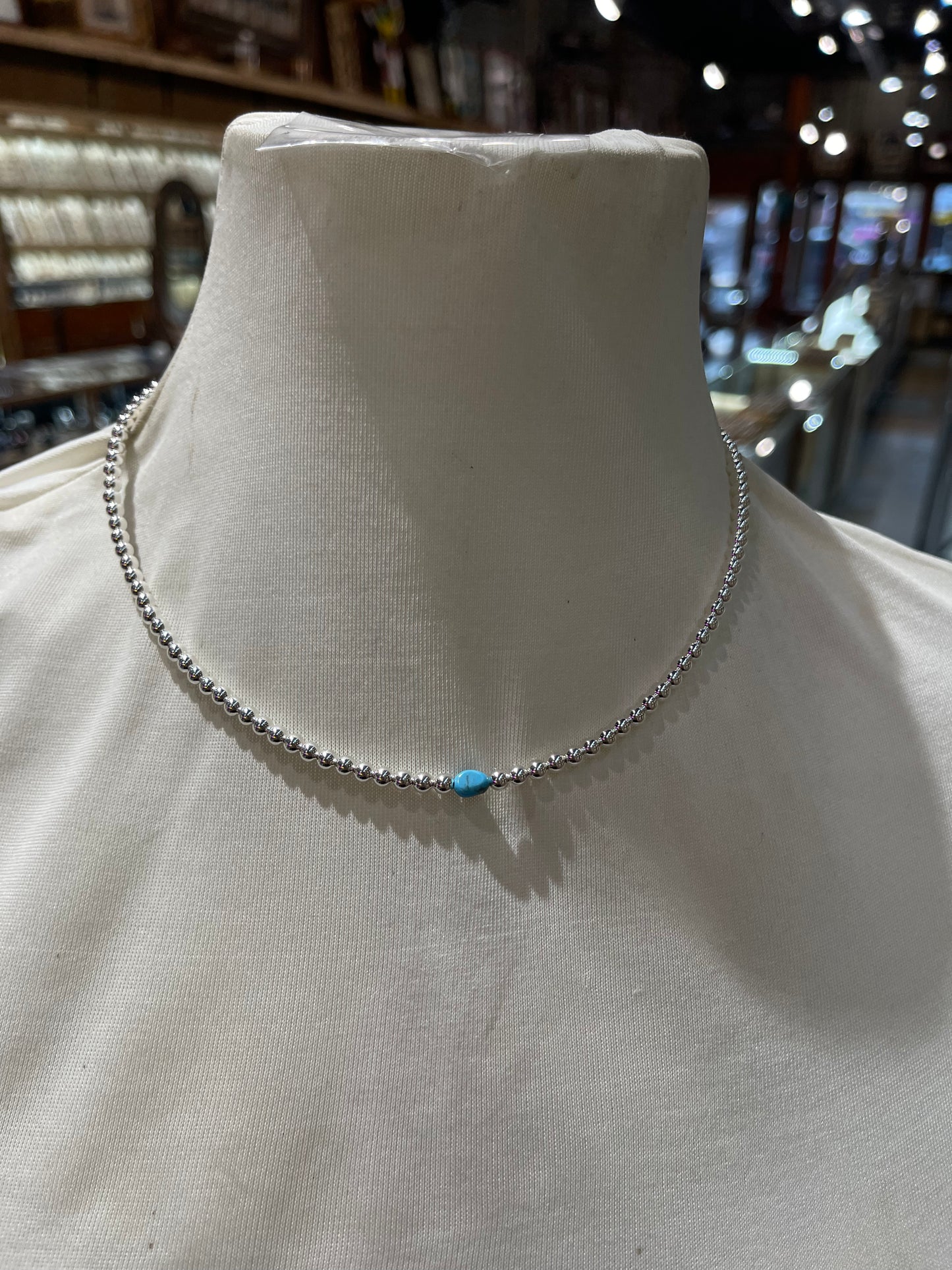 4mm Sliver beads & Natural Turquoise Necklace 16”+2” extender