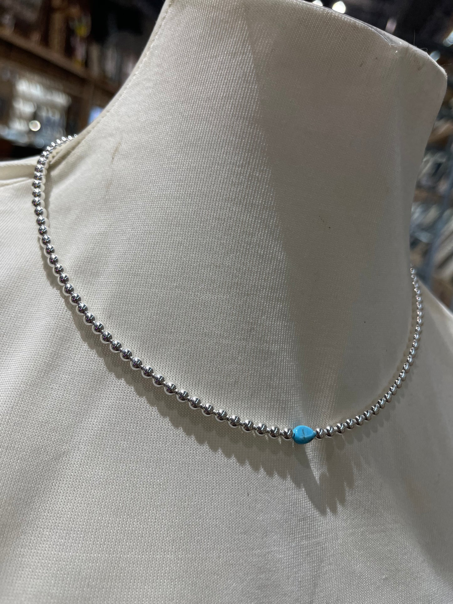 4mm Sliver beads & Natural Turquoise Necklace 16”+2” extender
