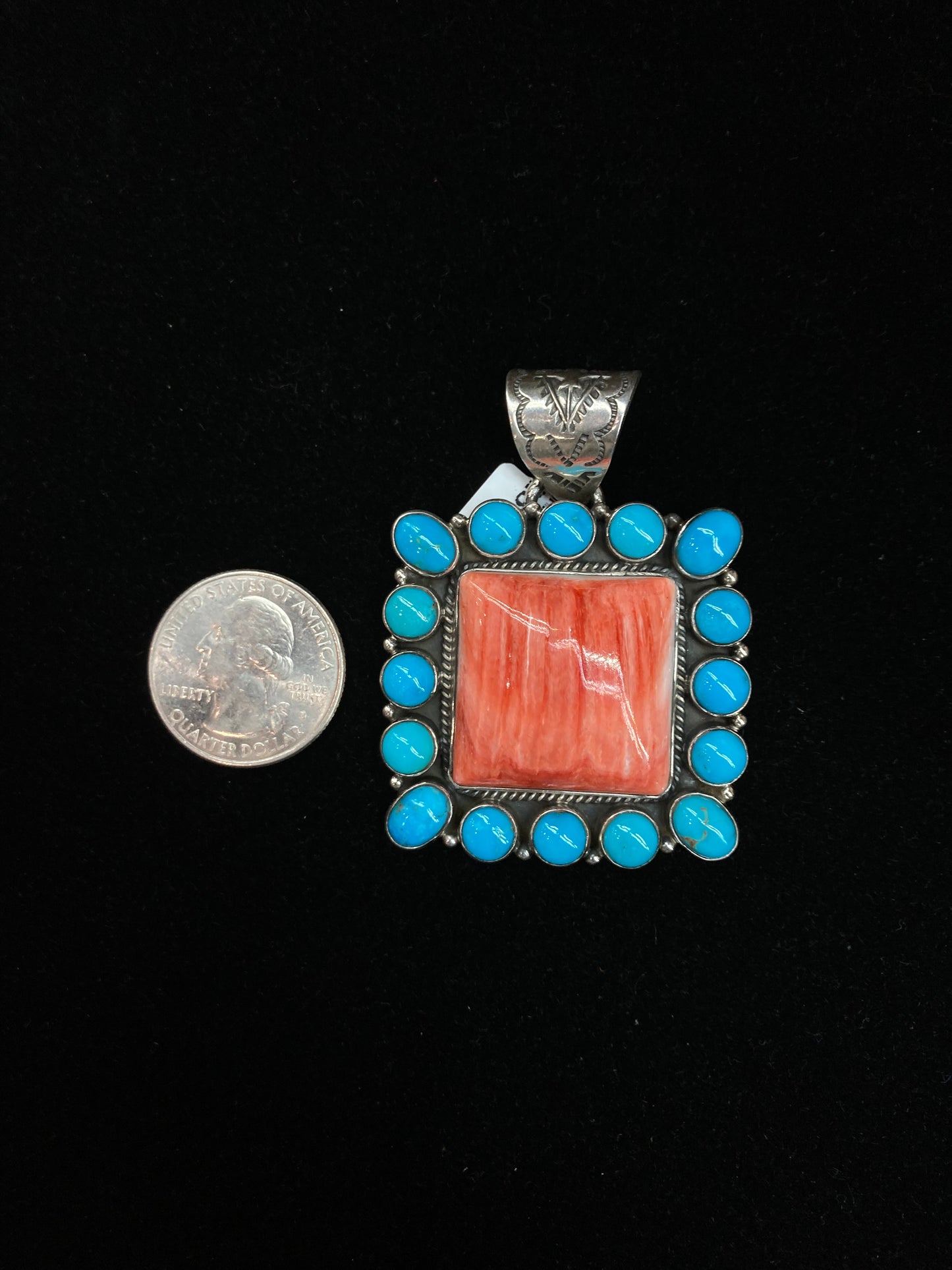 Red Spiny Oyster Shell and Sleeping Beauty Turquoise Pendant with and 10mm Bale by Marie Jackson, Navajo