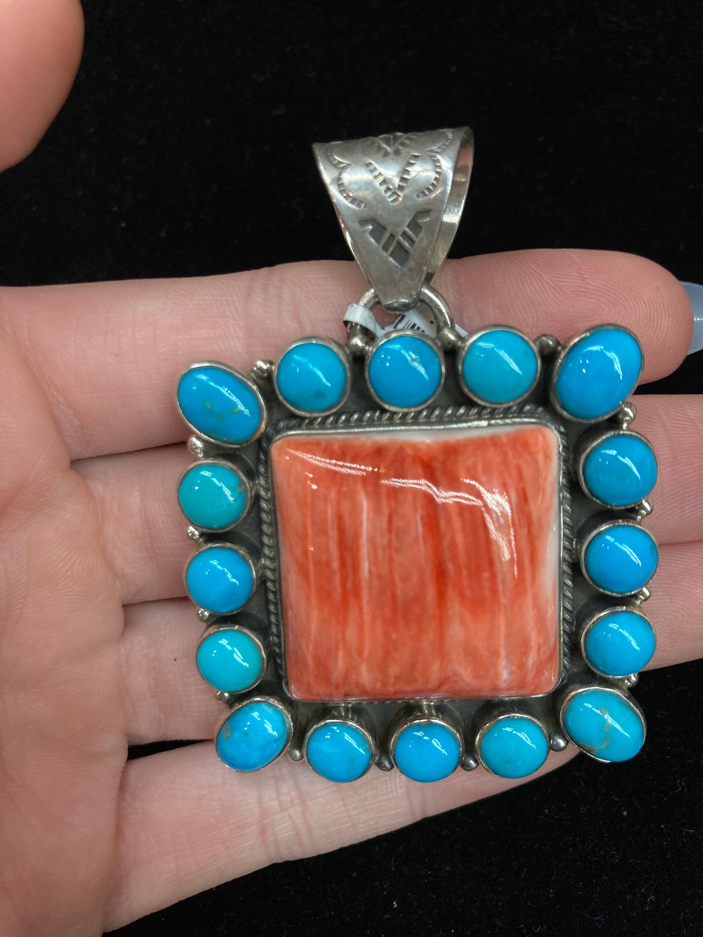 Red Spiny Oyster Shell and Sleeping Beauty Turquoise Pendant with and 10mm Bale by Marie Jackson, Navajo