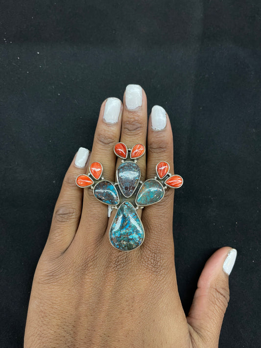 Adjustable Natural Turquoise & Spiny Oyster  Cactus Ring by Calvin Delgarito, Navajo