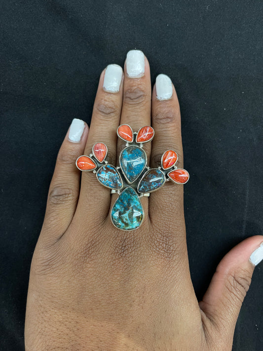 Natural Turquoise & Spiny Oyster Adjustable Cactus Ring by Calvin Delgarito, Navajo