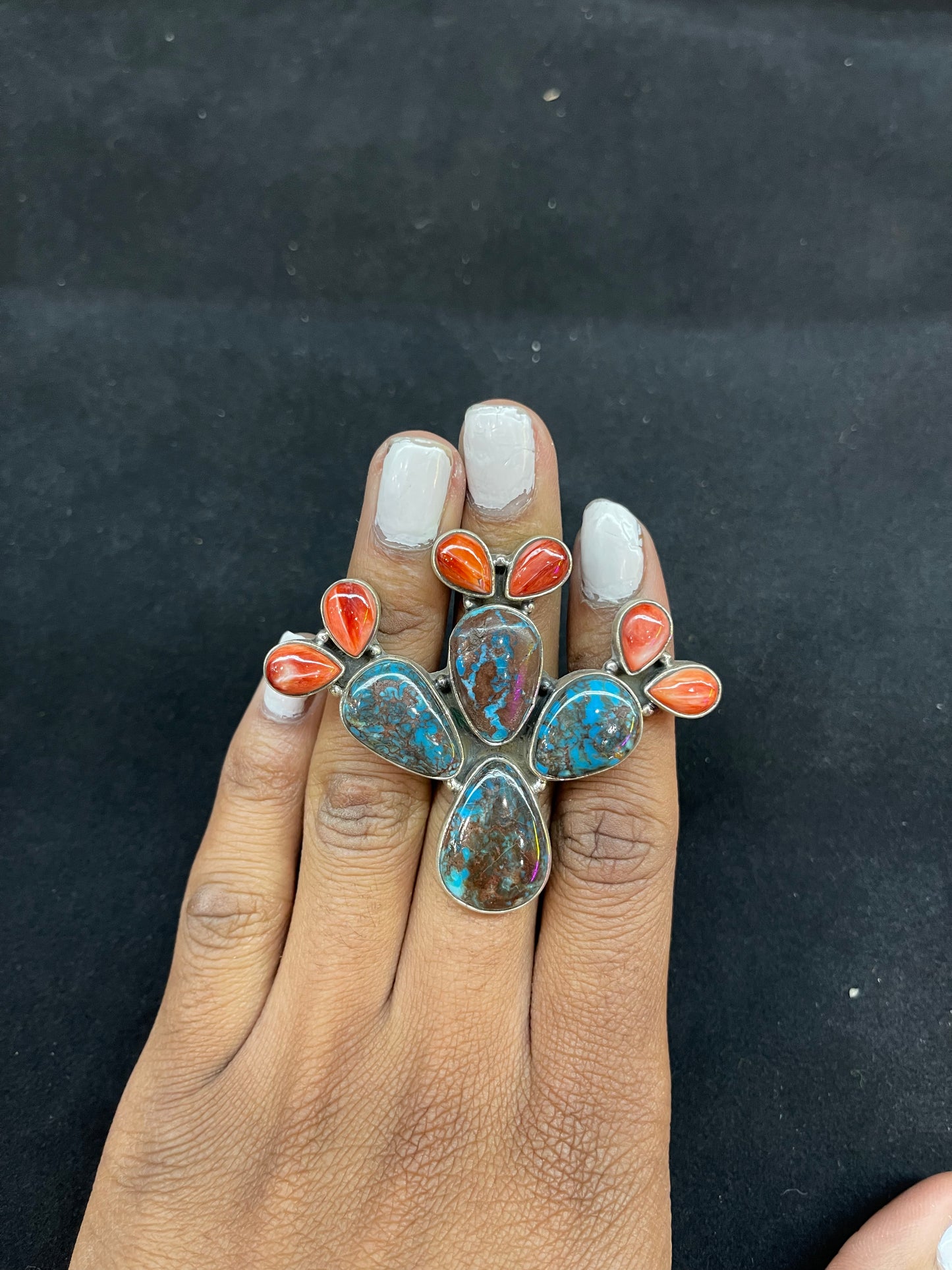 Natural Turquoise & Spiny Oyster Adjustable Cactus Ring by Calvin Delgarito,Navajo